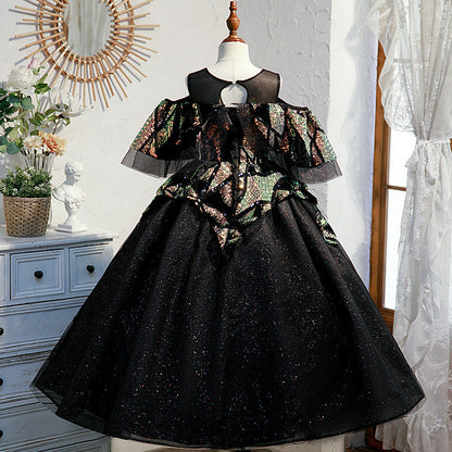 Black Sequined A-Line Flower Girl Dress - Cold Shoulder