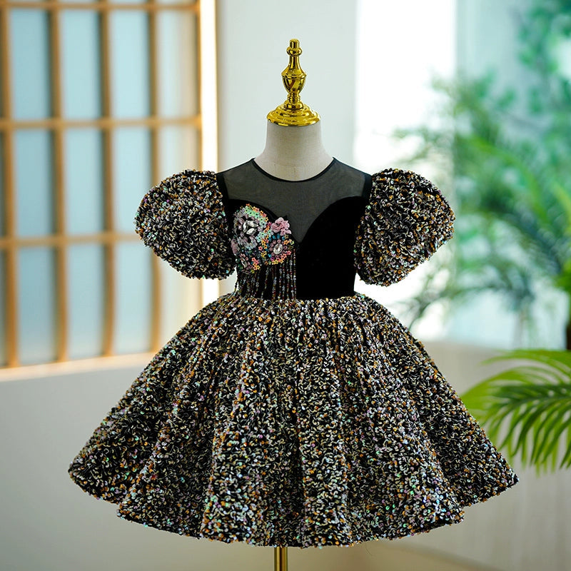 Black Sequined Ball Gown Dress for Girls – Short Sleeve Knee Length Party Dress