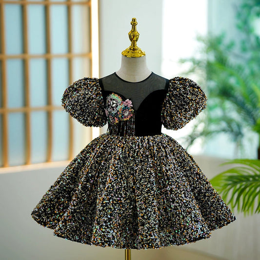 Black Sequined Ball Gown Dress for Girls – Short Sleeve Knee Length Party Dress