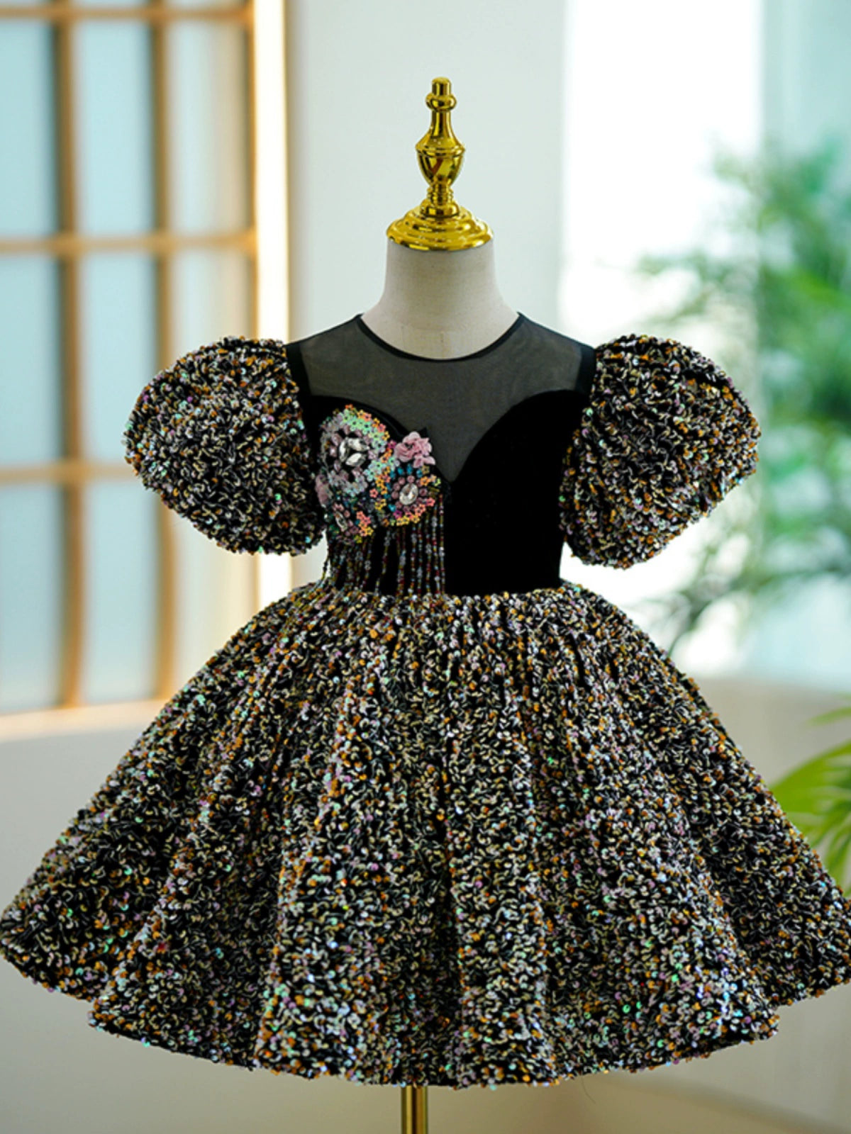 Black Sequined Ball Gown Dress for Girls – Short Sleeve Knee Length Party Dress