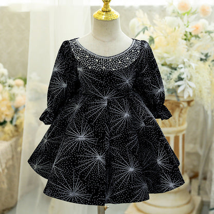 Black Sequined Princess Flower Girl Dress Beaded Lantern Sleeve