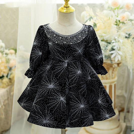 Black Sequined Princess Flower Girl Dress Beaded Lantern Sleeve