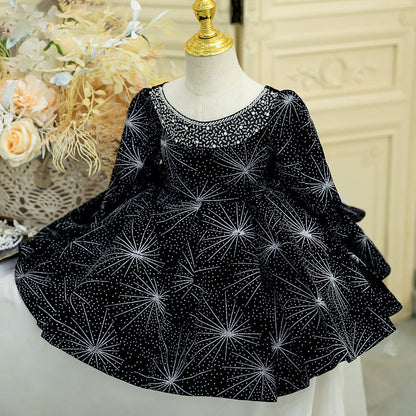 Black Sequined Princess Flower Girl Dress Beaded Lantern Sleeve