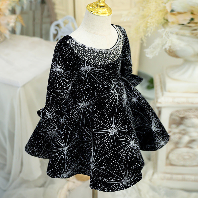 Black Sequined Princess Flower Girl Dress Beaded Lantern Sleeve