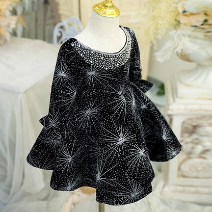 Black Sequined Princess Flower Girl Dress Beaded Lantern Sleeve