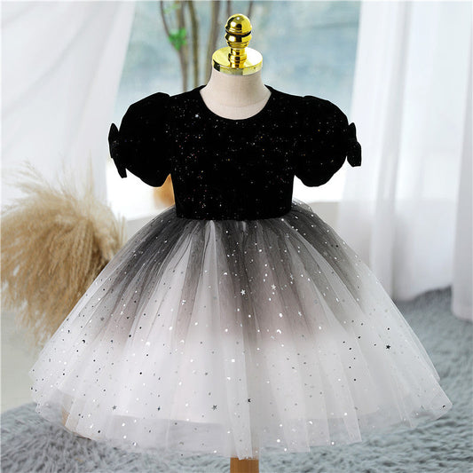 Black Tulle Princess Dress for Girls - Short Sleeve Bow Party Gown