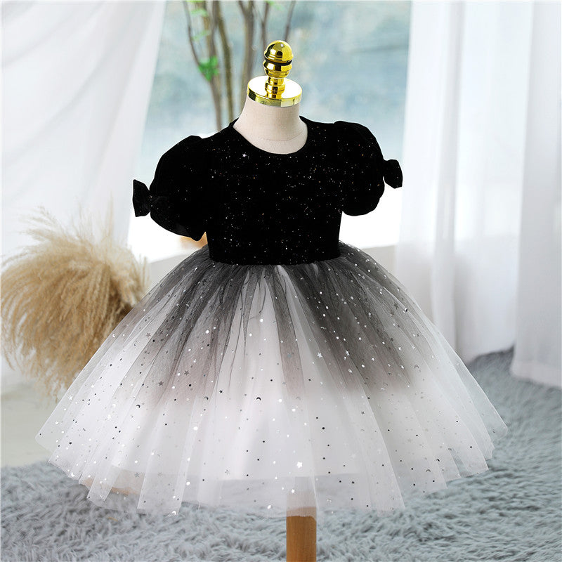 Black Tulle Princess Dress for Girls - Short Sleeve Bow Party Gown