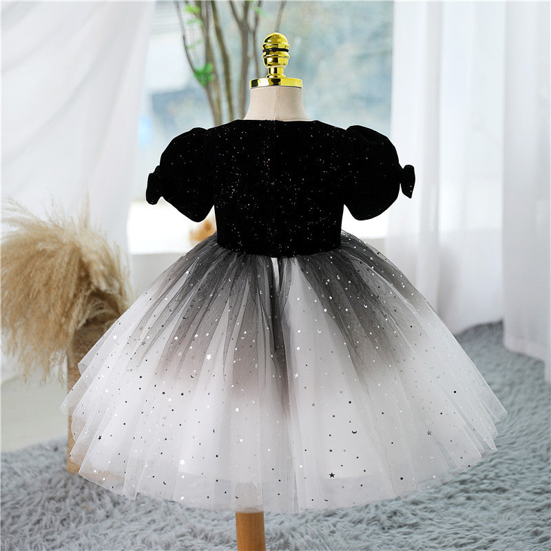 Black Tulle Princess Dress for Girls - Short Sleeve Bow Party Gown