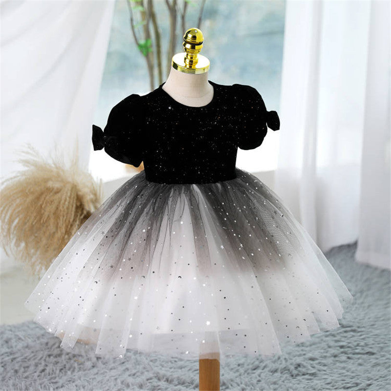 Black Tulle Princess Dress for Girls - Short Sleeve Bow Party Gown