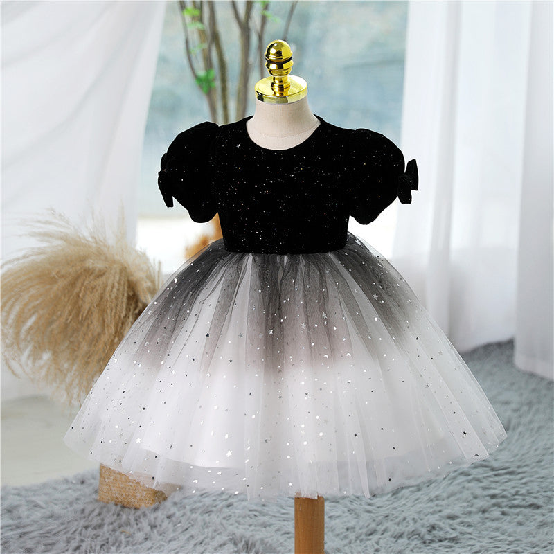 Black Tulle Princess Dress for Girls - Short Sleeve Bow Party Gown