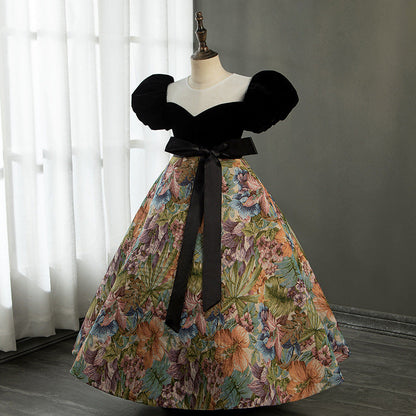 Black Velvet A-Line Flower Girl Dress V-Neck Flower