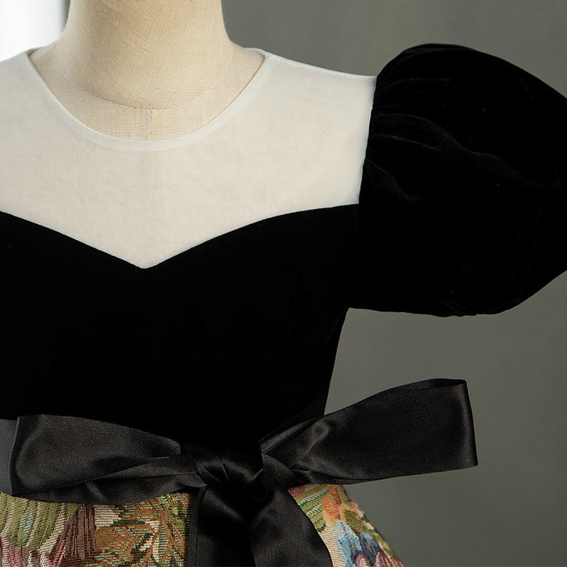 Black Velvet A-Line Flower Girl Dress V-Neck Flower