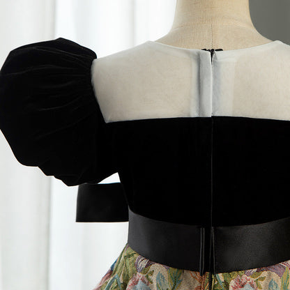Black Velvet A-Line Flower Girl Dress V-Neck Flower