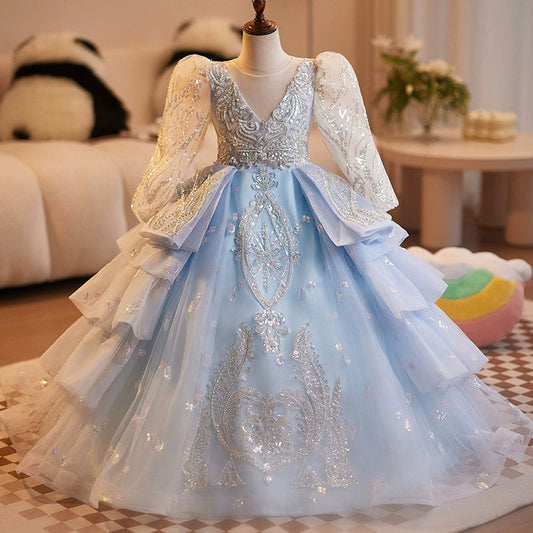 Blue A-Line Princess Flower Girl Dress – Lace & Tulle