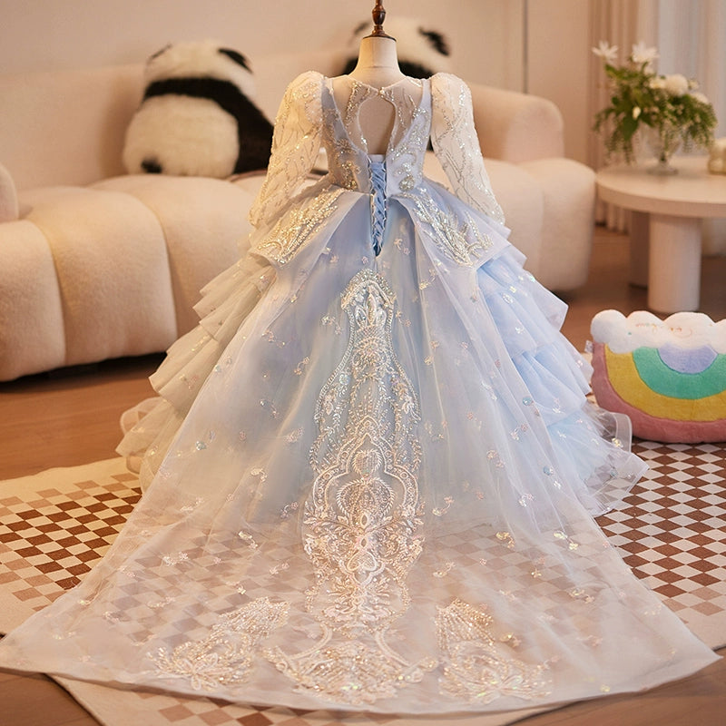 Blue A-Line Princess Flower Girl Dress – Lace & Tulle