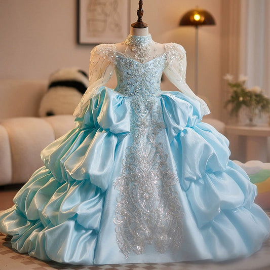 Blue A-Line Princess Flower Girl Dress – Satin & Lace