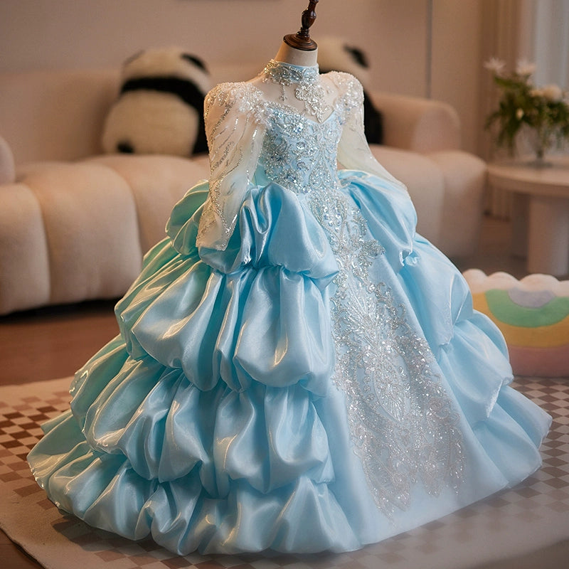 Blue A-Line Princess Flower Girl Dress – Satin & Lace