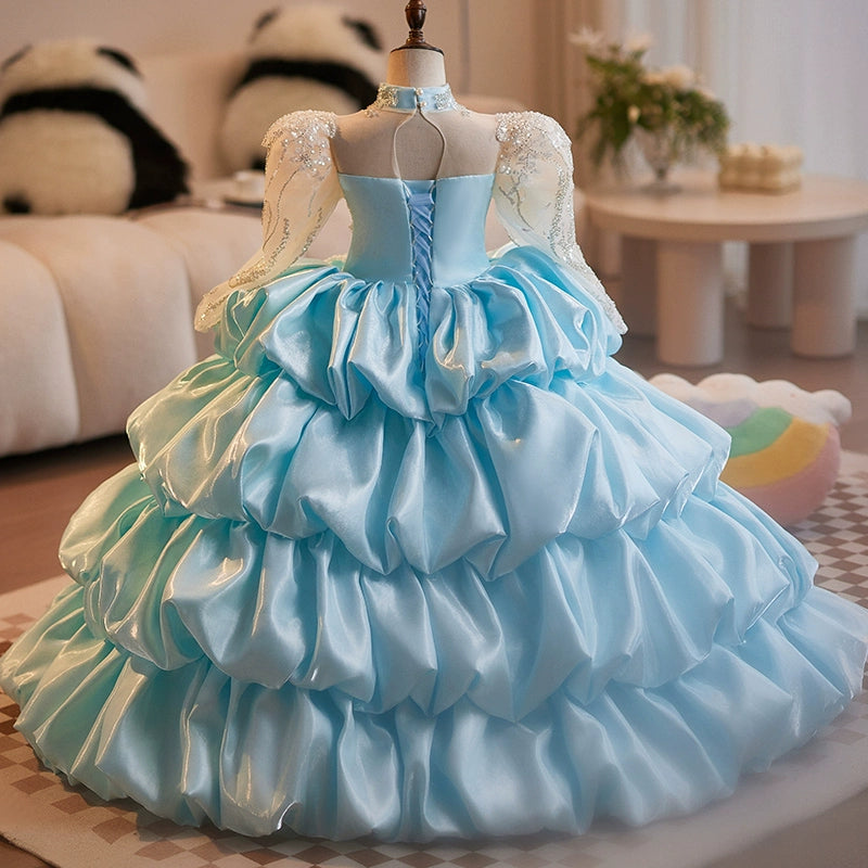 Blue A-Line Princess Flower Girl Dress – Satin & Lace