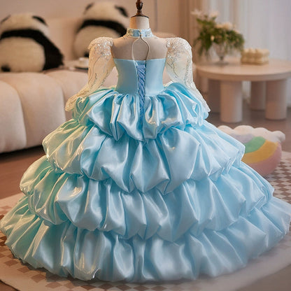 Blue A-Line Princess Flower Girl Dress – Satin & Lace