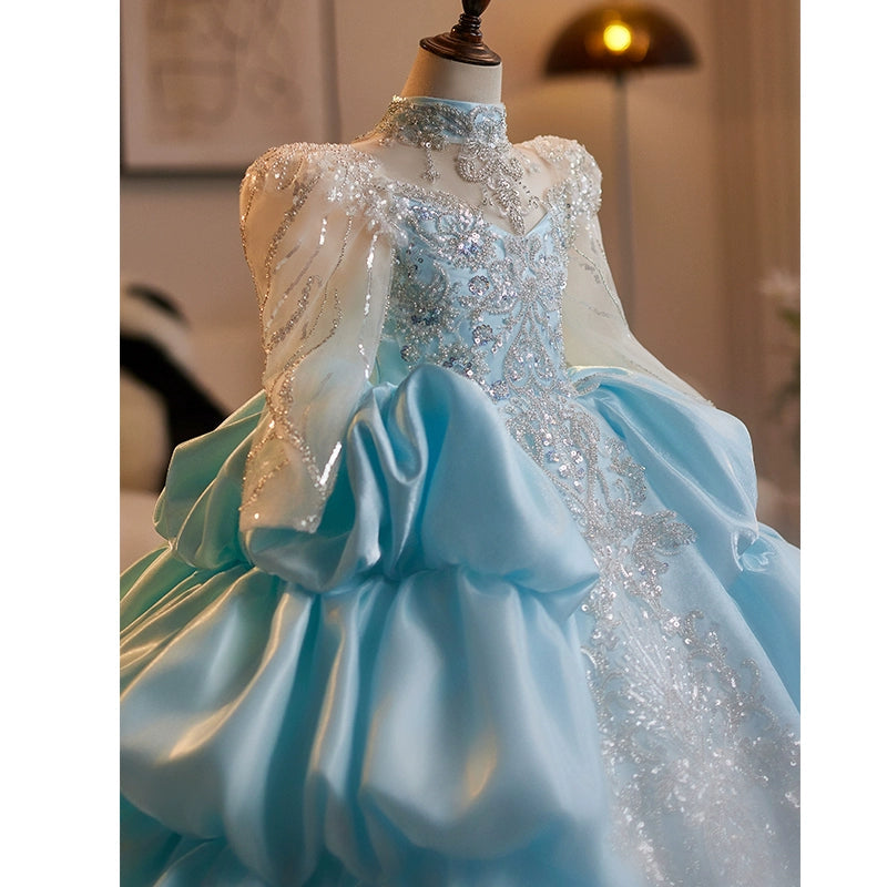 Blue A-Line Princess Flower Girl Dress – Satin & Lace