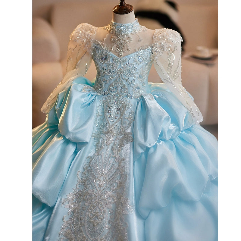 Blue A-Line Princess Flower Girl Dress – Satin & Lace