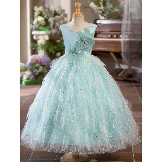 Blue A-Line Princess Flower Girl Dress – Satin & Lace
