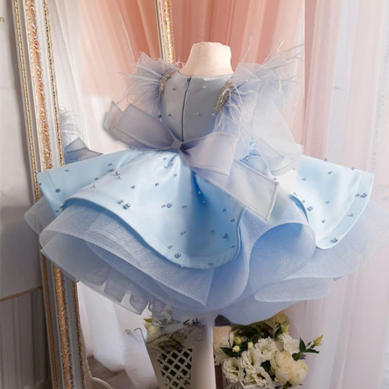 Blue Ball Gown Flower Girl Dress – Sequin Tiered Skirt, Short Sleeves, Knee Length