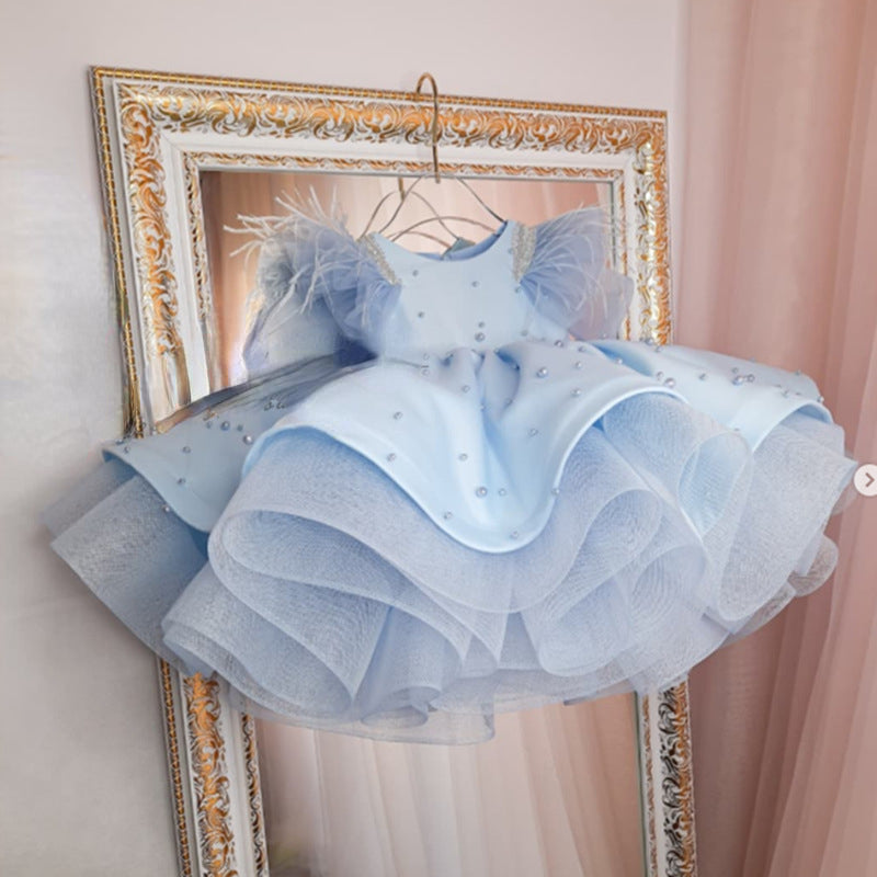 Blue Ball Gown Flower Girl Dress – Sequin Tiered Skirt, Short Sleeves, Knee Length