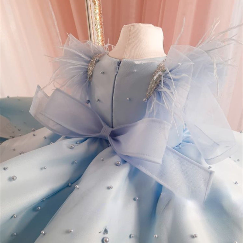 Blue Ball Gown Flower Girl Dress – Sequin Tiered Skirt, Short Sleeves, Knee Length