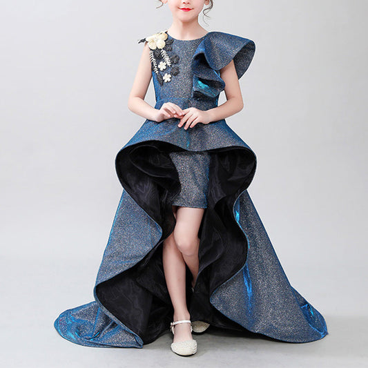 Blue Ball Gown Sleeveless Girls' Dress with Fabric Flowers for Parties & Birthdays