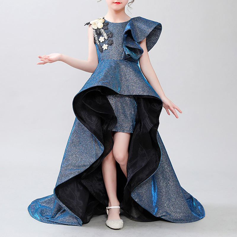 Blue Ball Gown Sleeveless Girls' Dress with Fabric Flowers for Parties & Birthdays