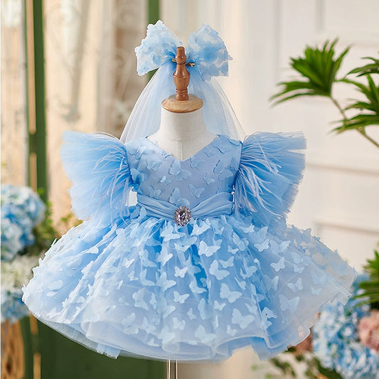 Blue Ball Gown Tea Length Dress for Girls with Flowers and Fringe - Special Occasion & Party Wear