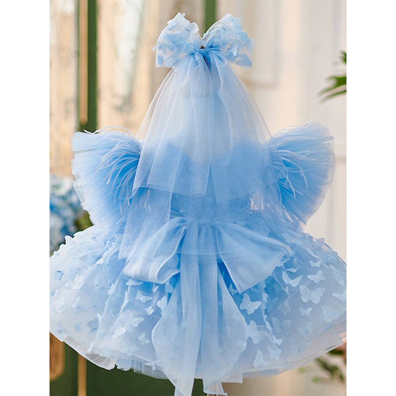 Blue Ball Gown Tea Length Dress for Girls with Flowers and Fringe - Special Occasion & Party Wear