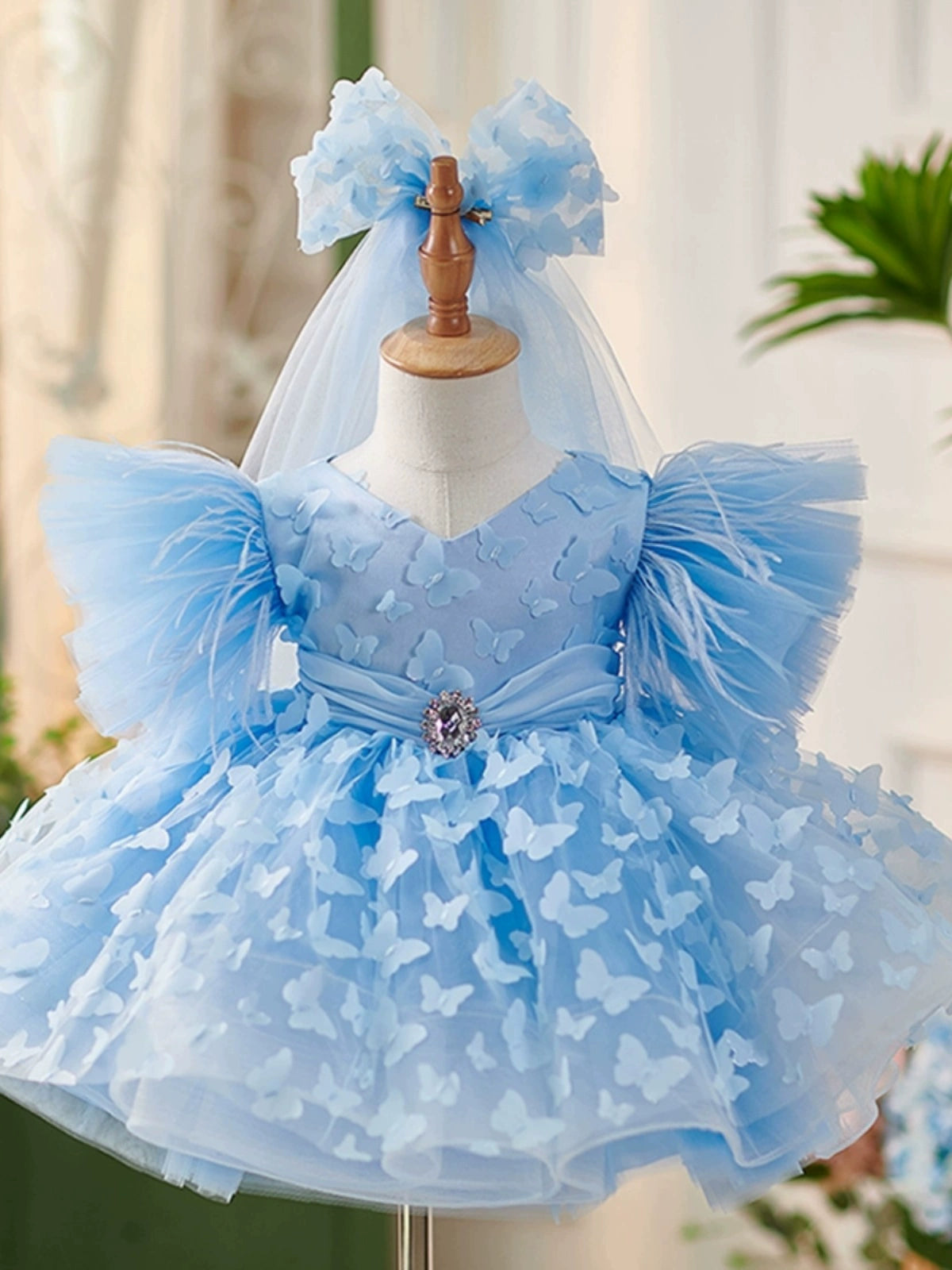 Blue Ball Gown Tea Length Dress for Girls with Flowers and Fringe - Special Occasion & Party Wear