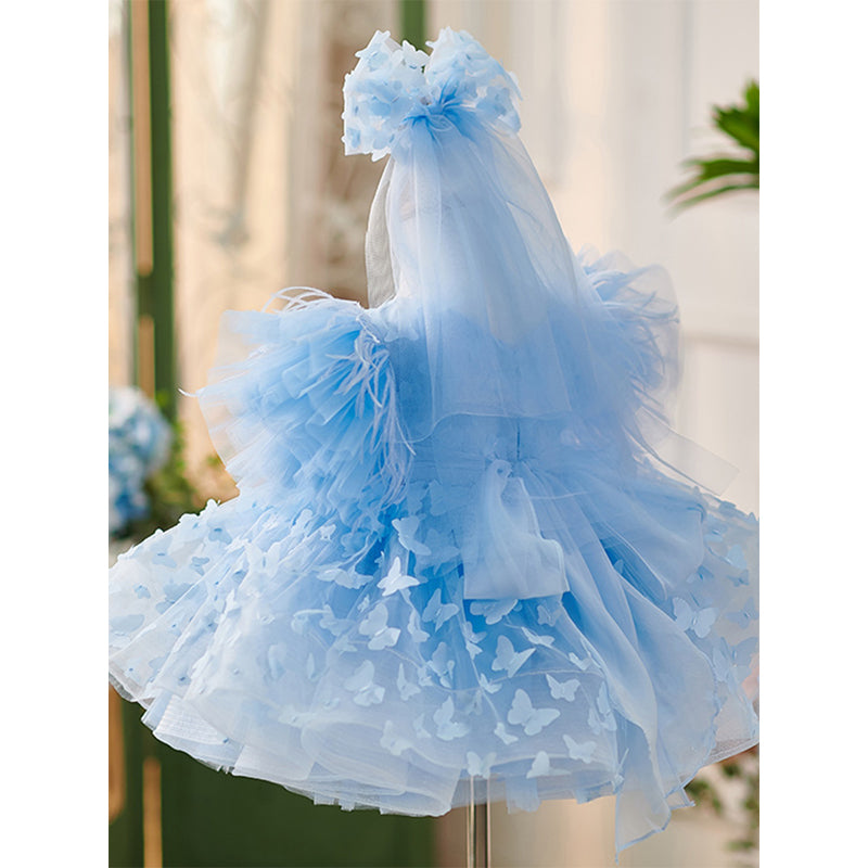 Blue Ball Gown Tea Length Dress for Girls with Flowers and Fringe - Special Occasion & Party Wear