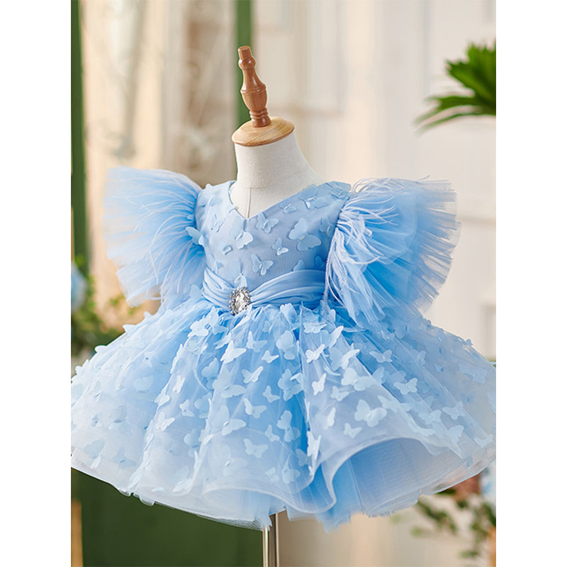 Blue Ball Gown Tea Length Dress for Girls with Flowers and Fringe - Special Occasion & Party Wear