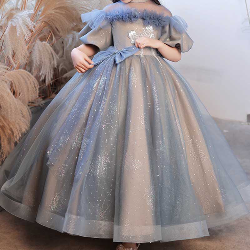 Blue Floor-Length Sequin Ball Gown for Girls | Birthday & Special Occasion Dress