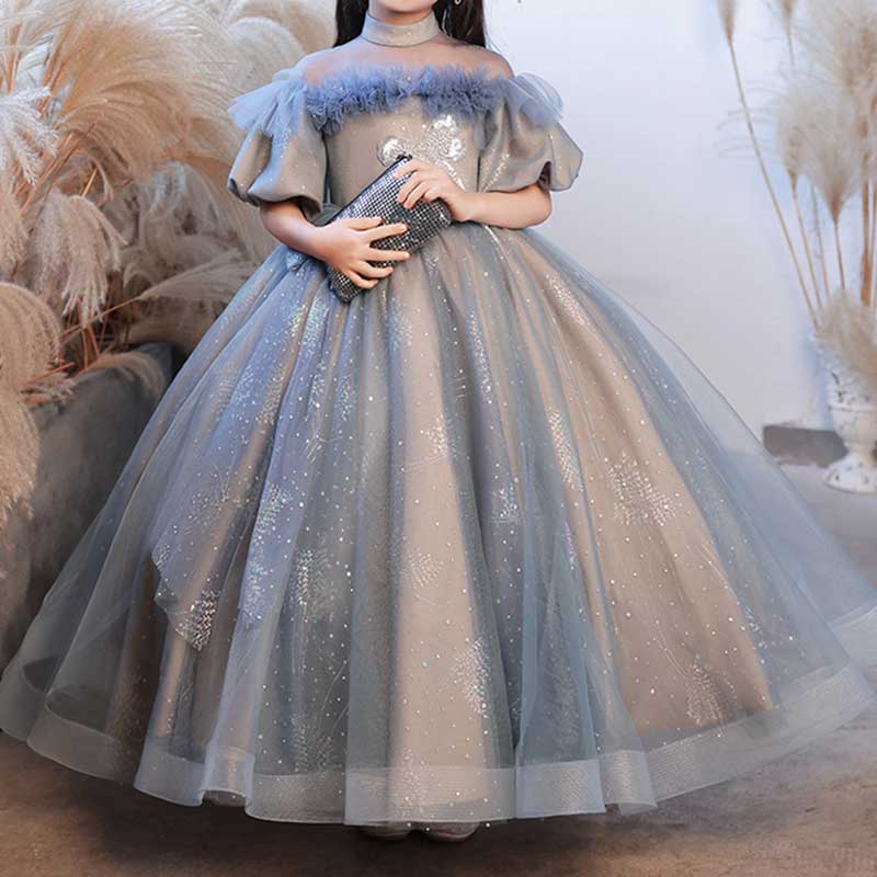 Blue Floor-Length Sequin Ball Gown for Girls | Birthday & Special Occasion Dress