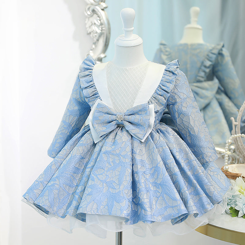 Blue Lace Princess Flower Girl Dress: Long Sleeves & Bow