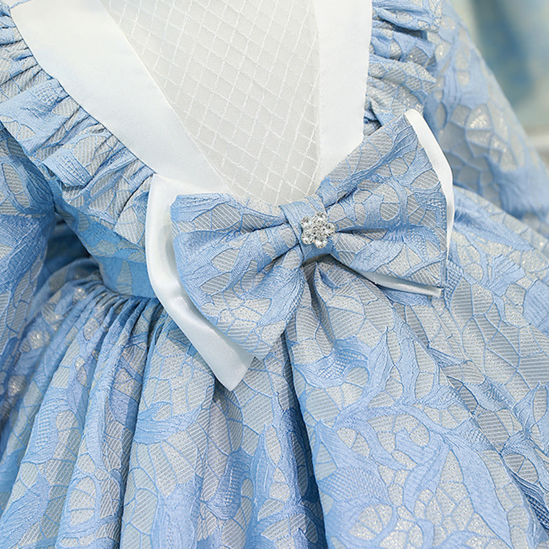 Blue Lace Princess Flower Girl Dress: Long Sleeves & Bow