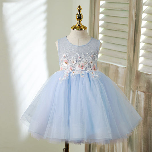 Blue Lace Tulle A-Line Flower Girl Dress Sleeveless Knee