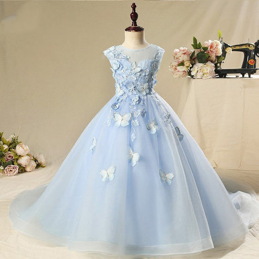 Blue Lace Tulle Flower Girl Dress: Sleeveless Floor Length