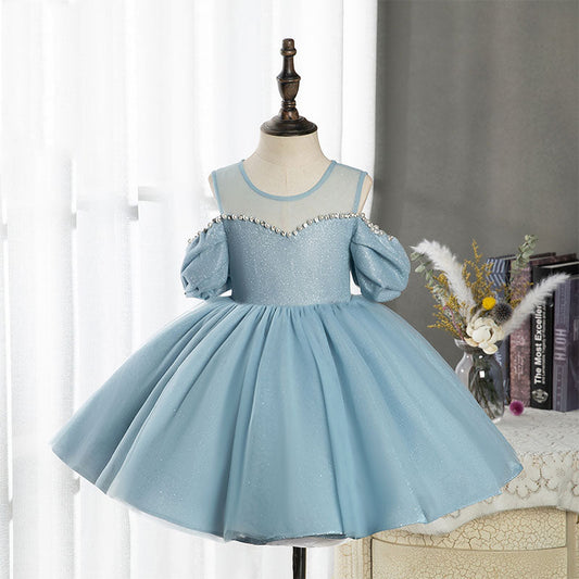 Blue Organza A-Line Flower Girl Dress Beaded Cold Shoulder