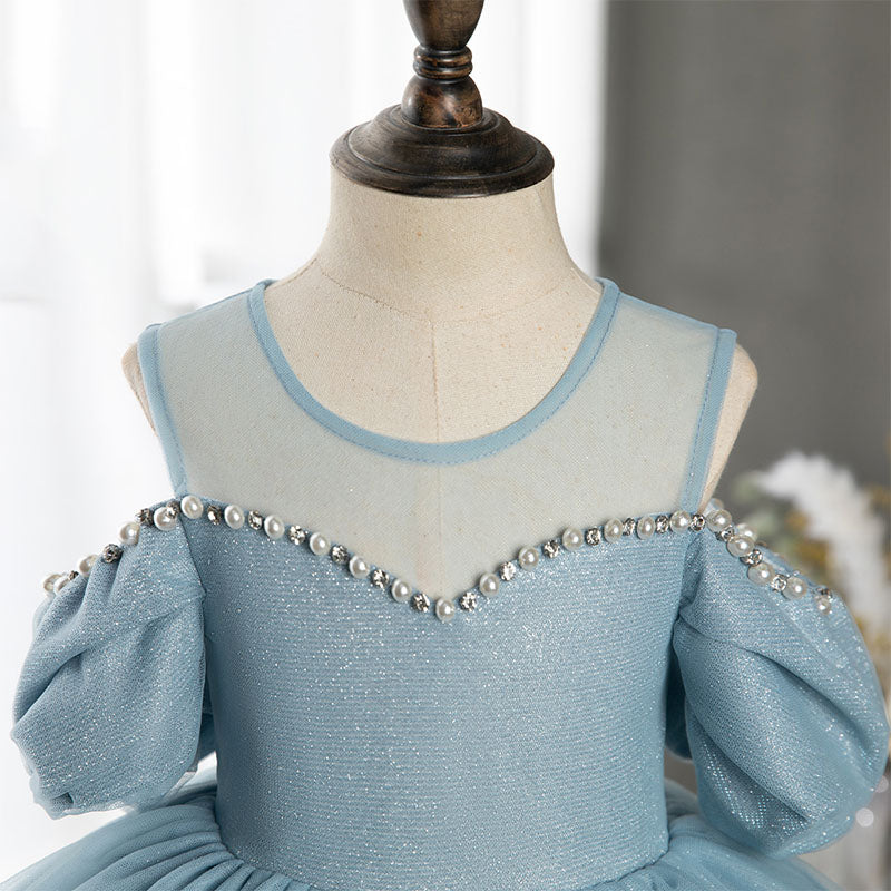 Blue Organza A-Line Flower Girl Dress Beaded Cold Shoulder