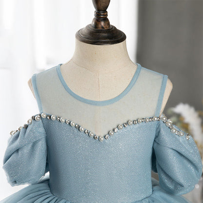 Blue Organza A-Line Flower Girl Dress Beaded Cold Shoulder