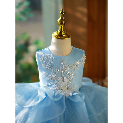 Blue Organza A-Line Flower Girl Dress with Lace & Sequins