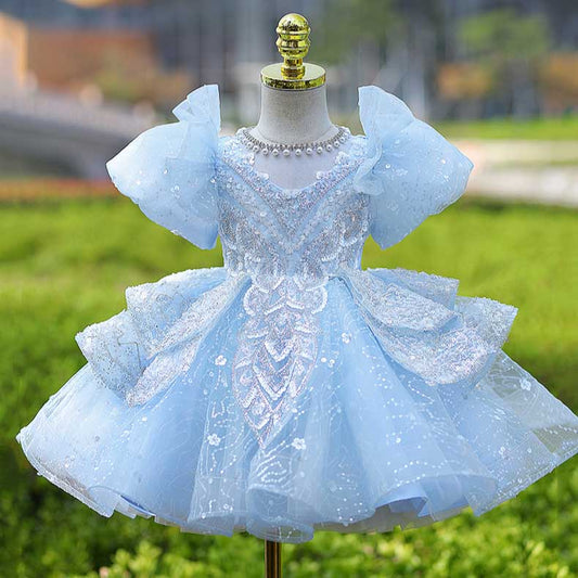 Blue Princess Flower Girl Dress - Lace & Tulle Ruffle Sleeve Dress