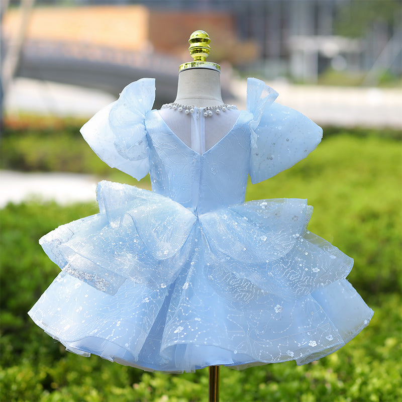 Blue Princess Flower Girl Dress - Lace & Tulle Ruffle Sleeve Dress