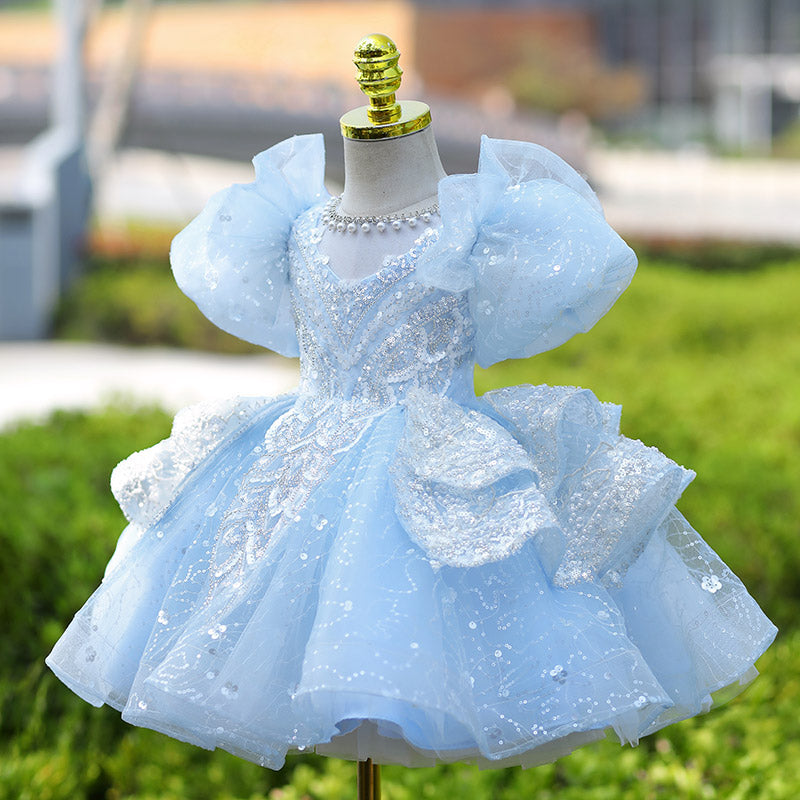 Blue Princess Flower Girl Dress - Lace & Tulle Ruffle Sleeve Dress