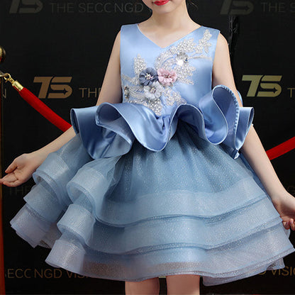 Blue Princess Flower Girl Dress Lace Ruffles V-Neck Knee